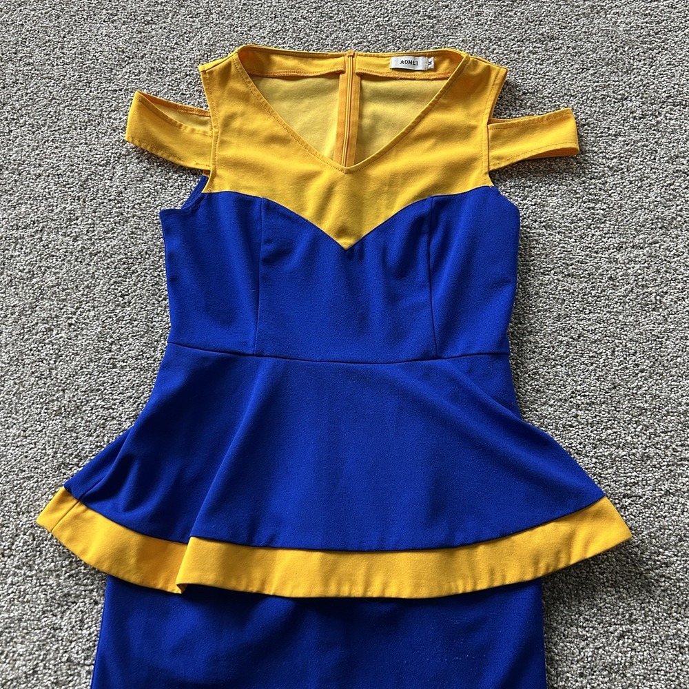 AOMEI Dress Womens M Blue Yellow Colorblock Cold Shoulder Peplum Pencil Midi